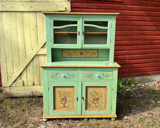 Antique Paint Decorated Pine Hutch Cabinet
