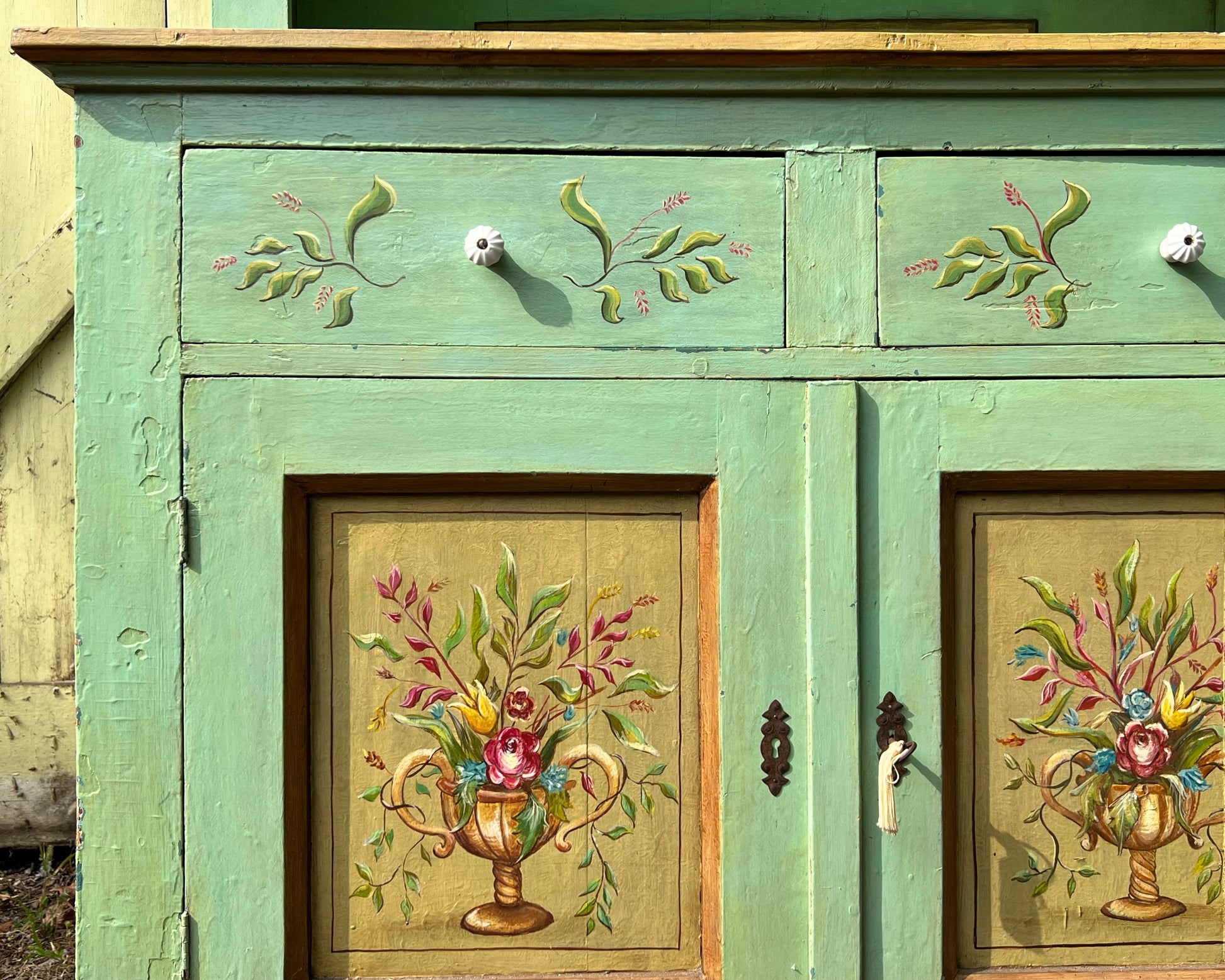 Antique Paint Decorated Pine Hutch Cabinet a