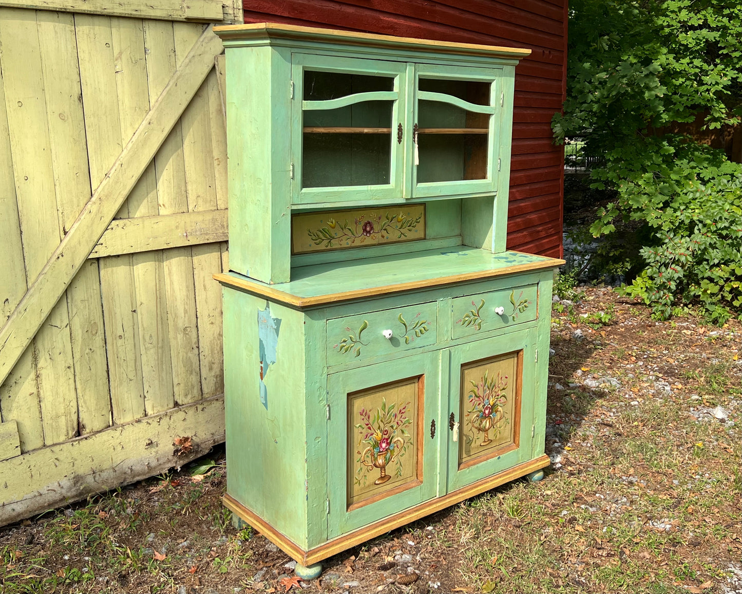 Antique Paint Decorated Pine Hutch Cabinet b
