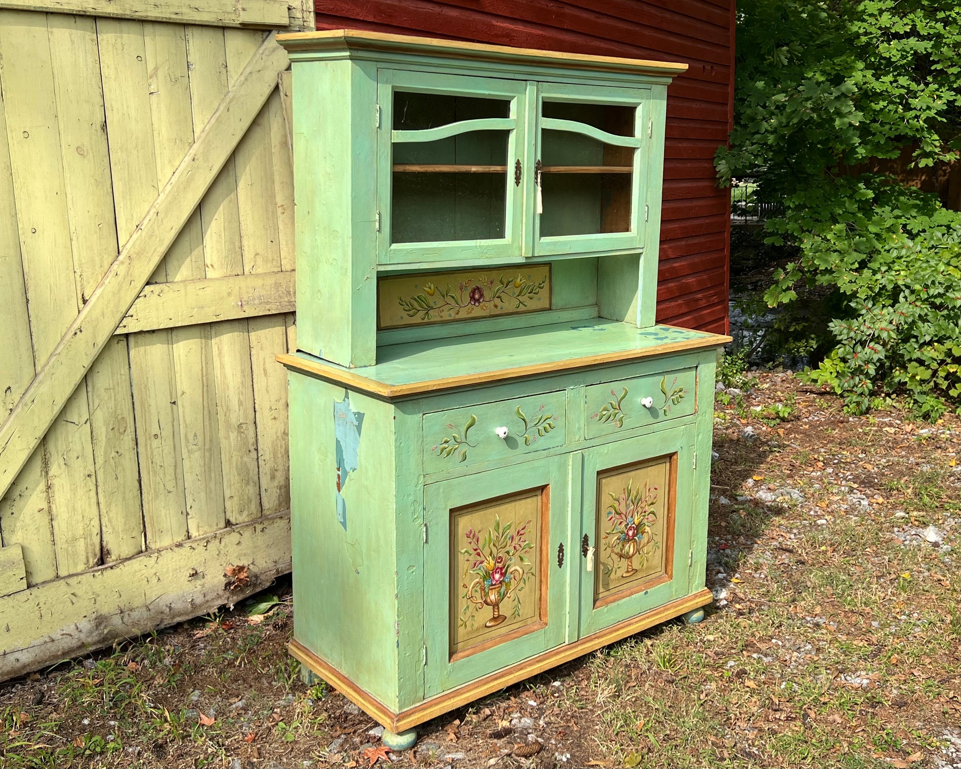 Antique Paint Decorated Pine Hutch Cabinet b