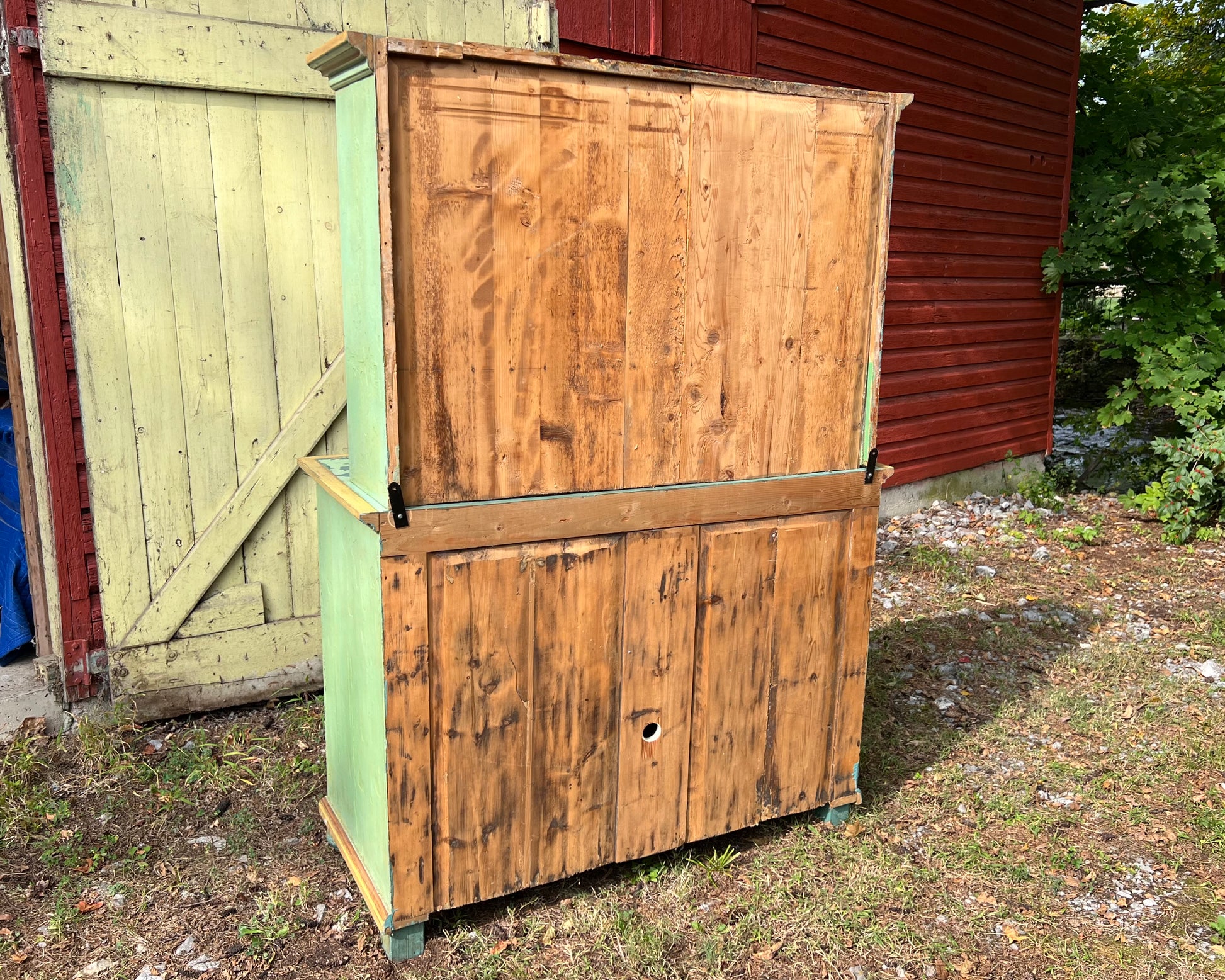 Antique Paint Decorated Pine Hutch Cabinet c