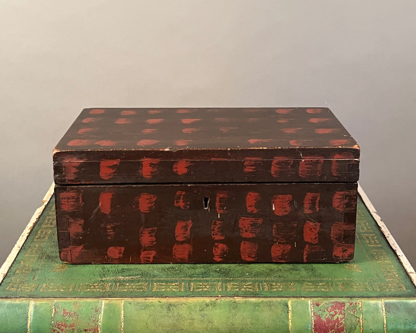 Antique Thumbprint Paint Decorated Wooden Box a