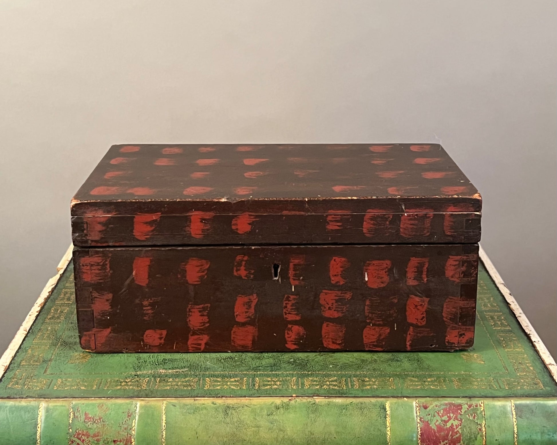 Antique Thumbprint Paint Decorated Wooden Box a