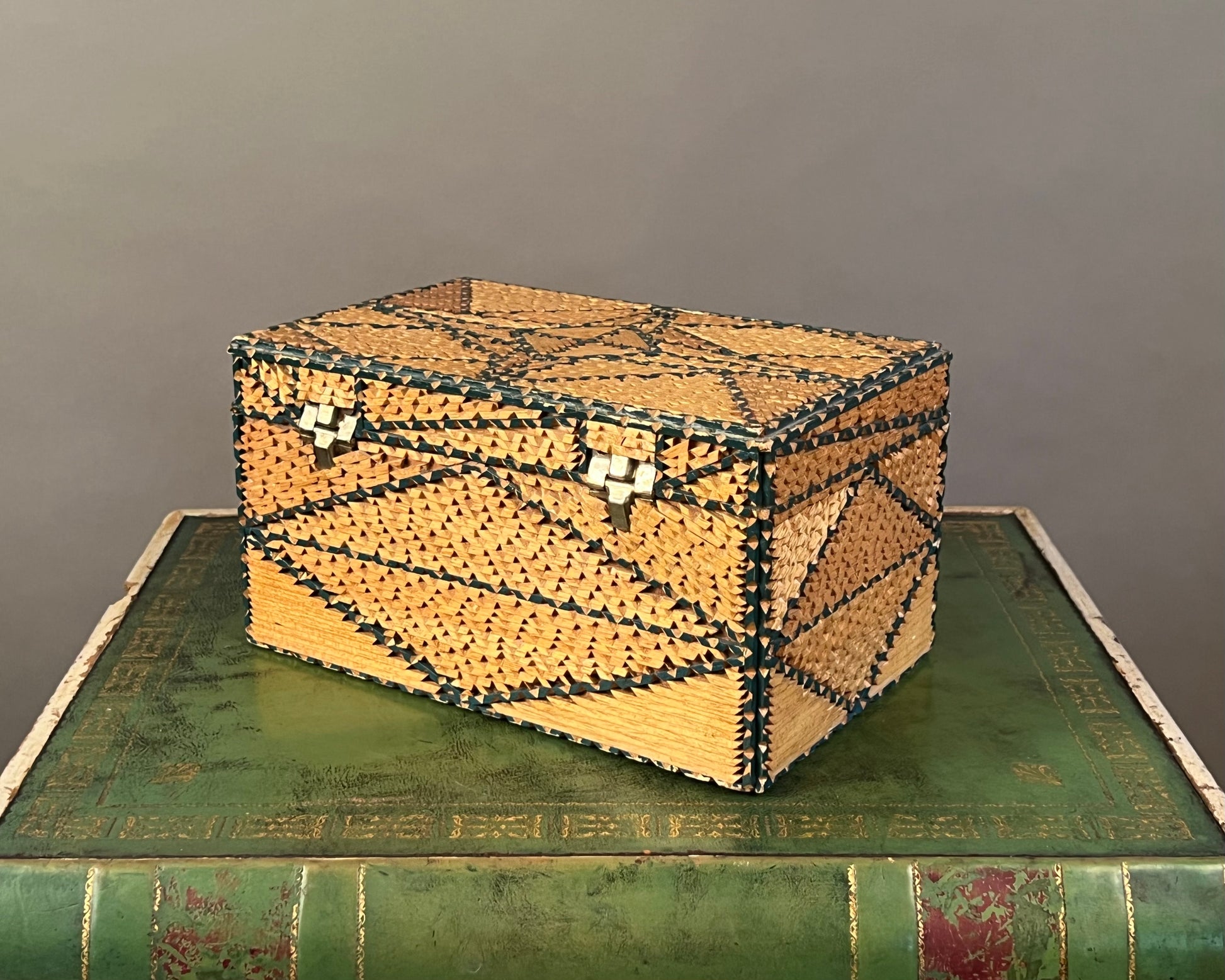 Antique Tramp Art Wooden Jewelry Box b