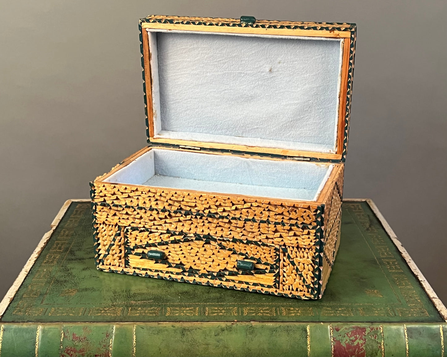 Antique Tramp Art Wooden Jewelry Box d