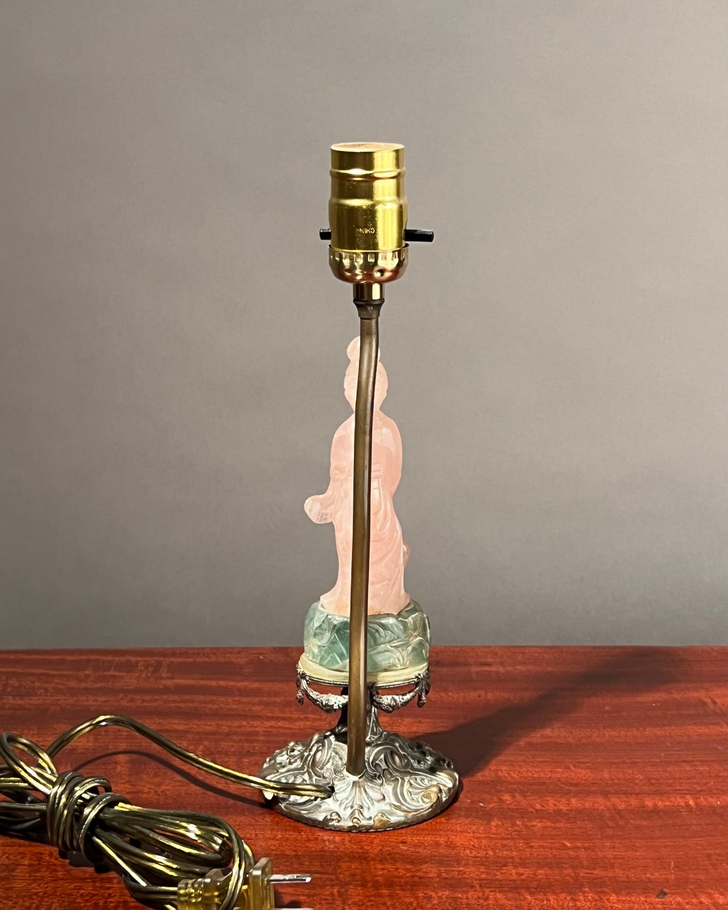 Guanyin Table Lamp, Carved Rose Quartz and Green Fluorite