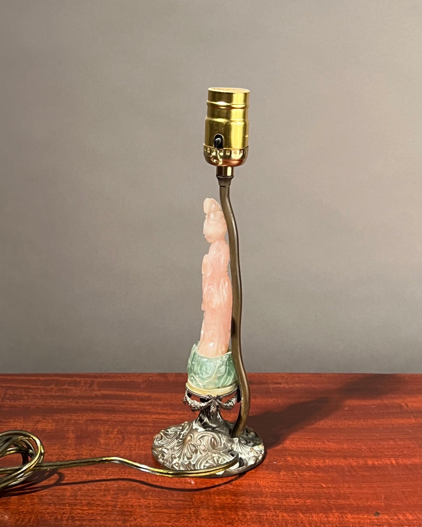Guanyin Table Lamp, Carved Rose Quartz and Green Fluorite
