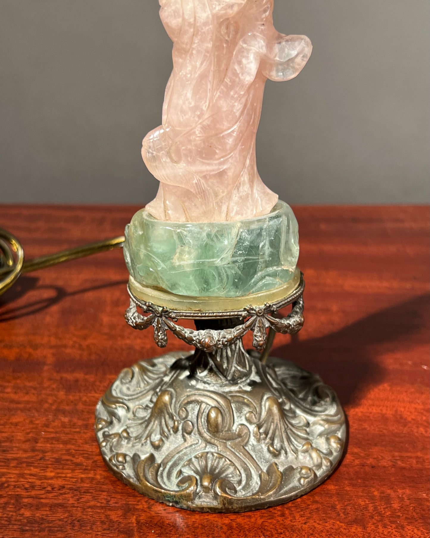 Guanyin Table Lamp, Carved Rose Quartz and Green Fluorite