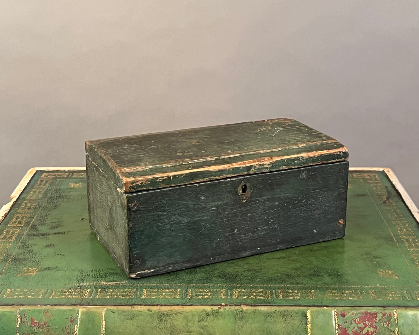 Antique Green Paint Decorated Wooden Box 19th Century