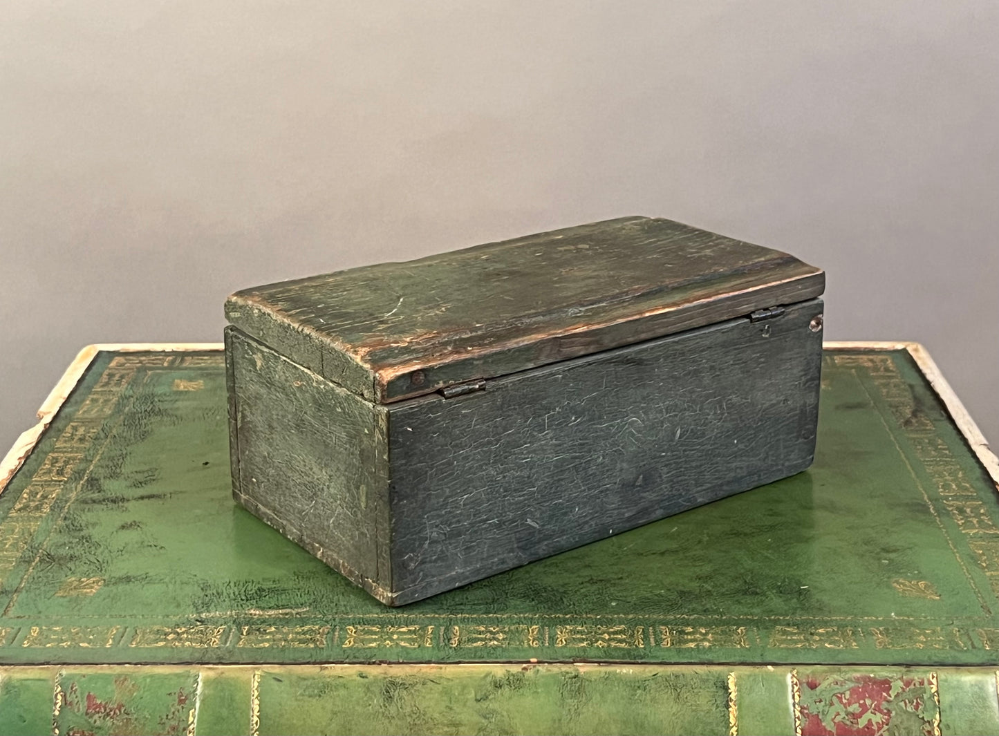 Antique Green Paint Decorated Wooden Box 19th Century