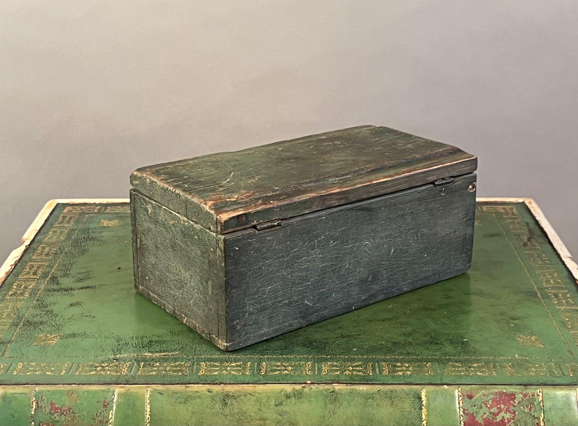 Antique Green Paint Decorated Wooden Box 19th Century