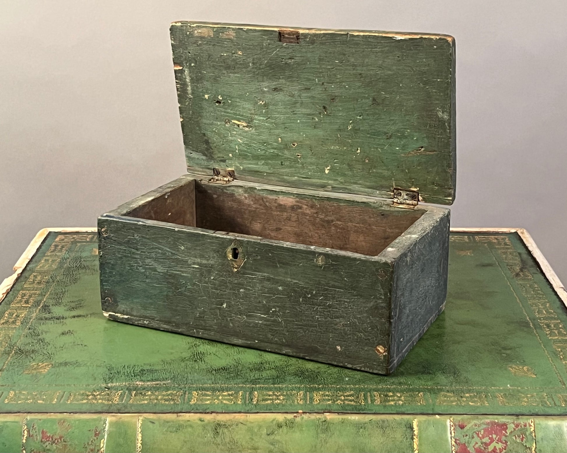 Antique Green Paint Decorated Wooden Box 19th Century