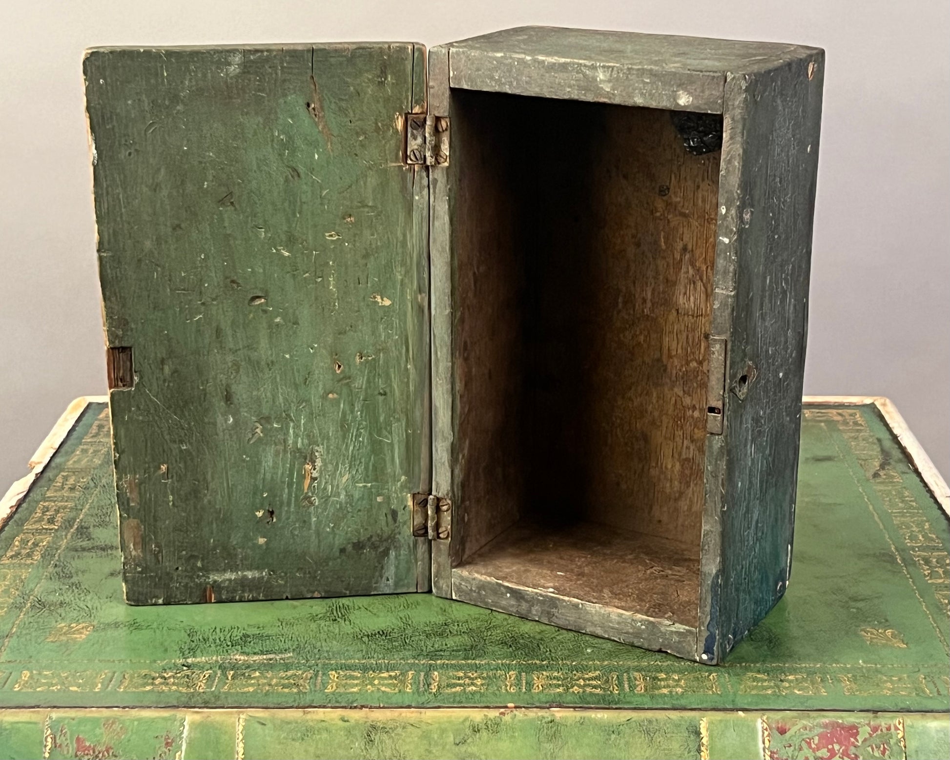Antique Green Paint Decorated Wooden Box 19th Century