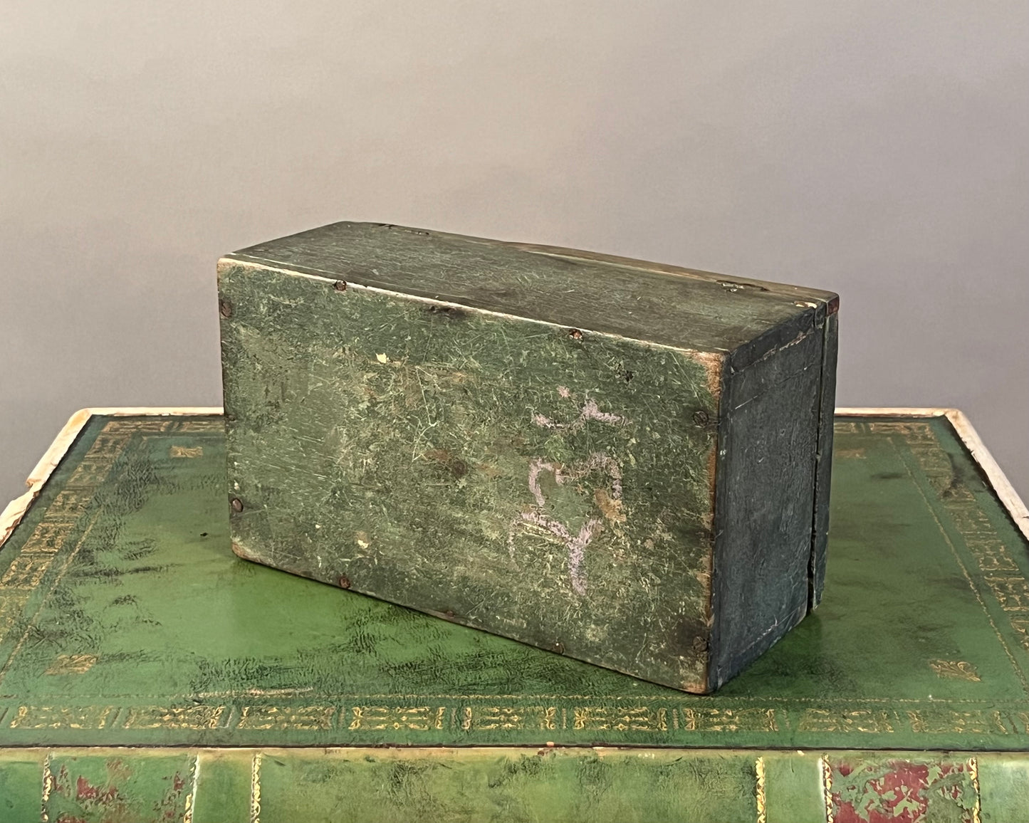 Antique Green Paint Decorated Wooden Box 19th Century
