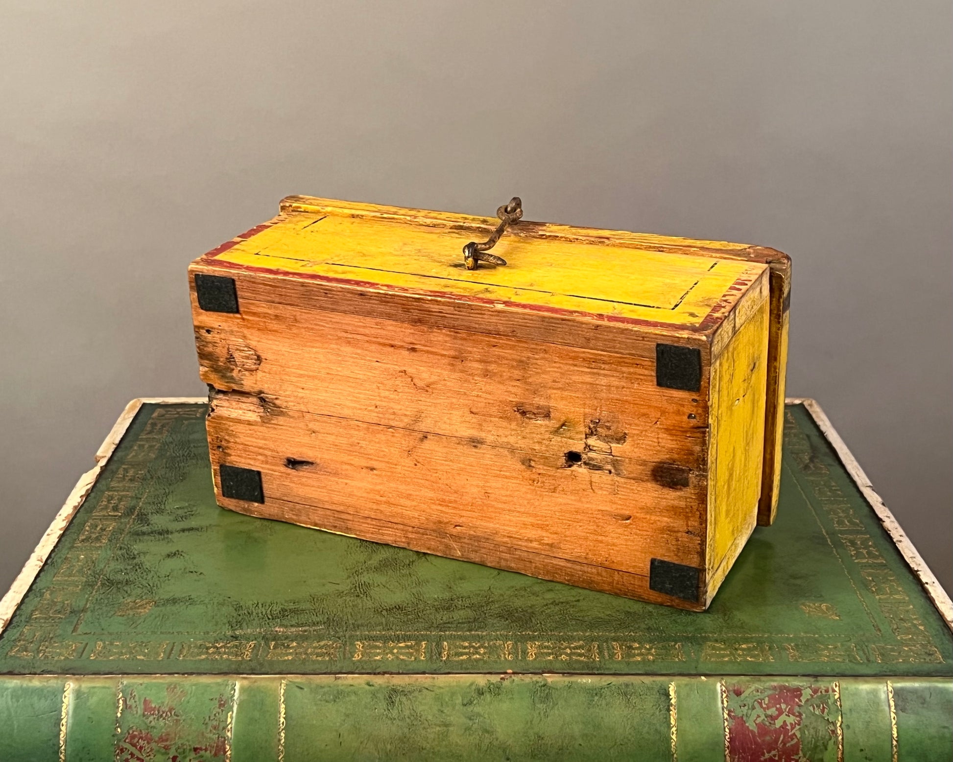 Antique Paint Decorated Wooden Yellow Box f