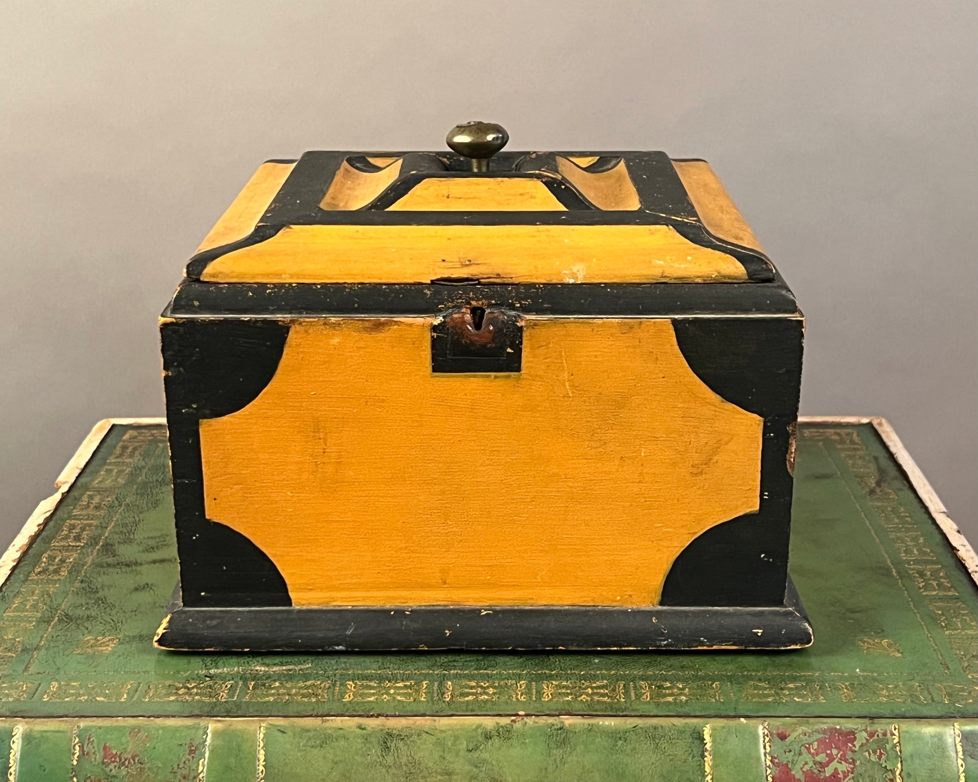 Antique Yellow Paint Decorated Wooden Box a