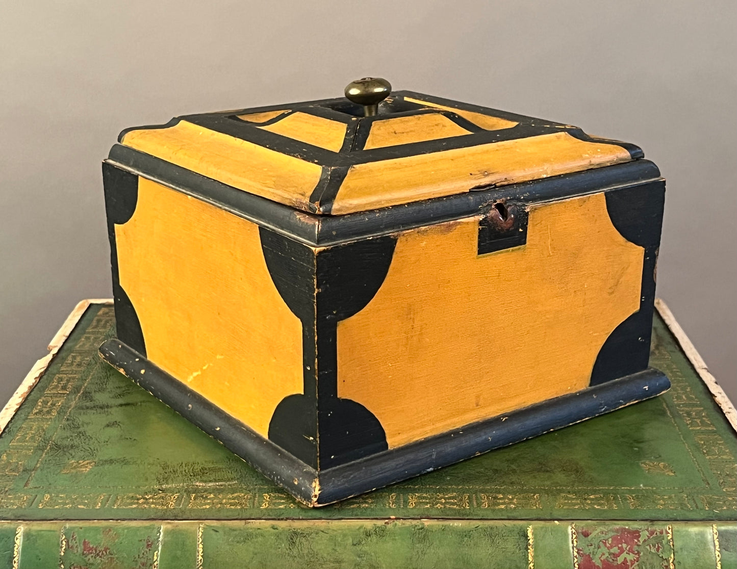 Antique Yellow Paint Decorated Wooden Box b