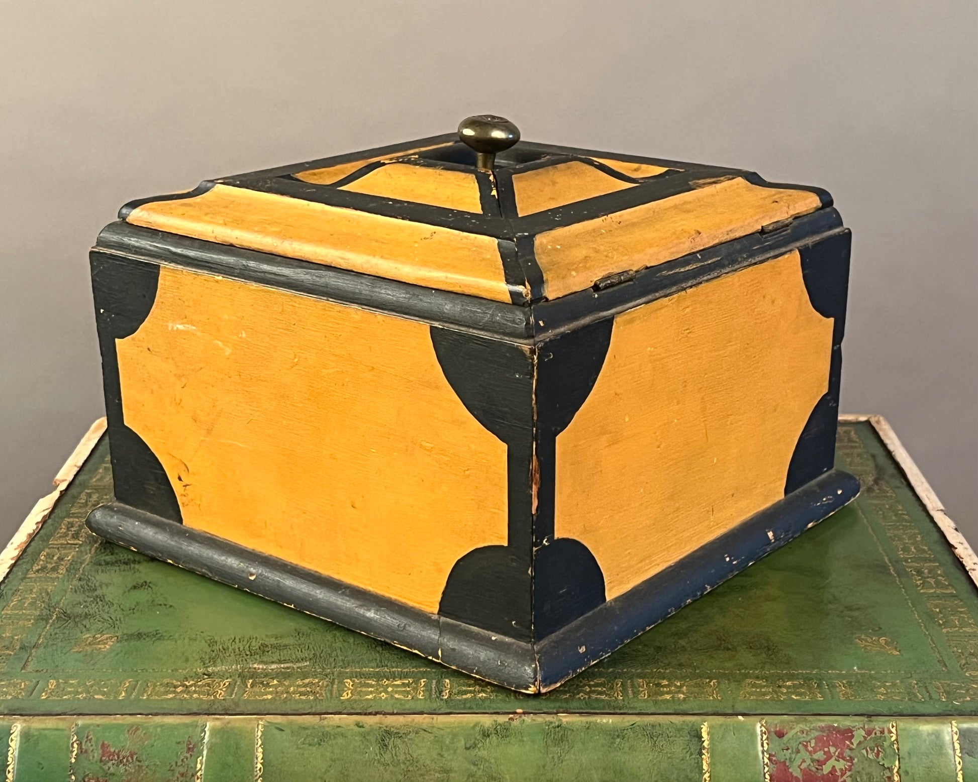 Antique Yellow Paint Decorated Wooden Box c