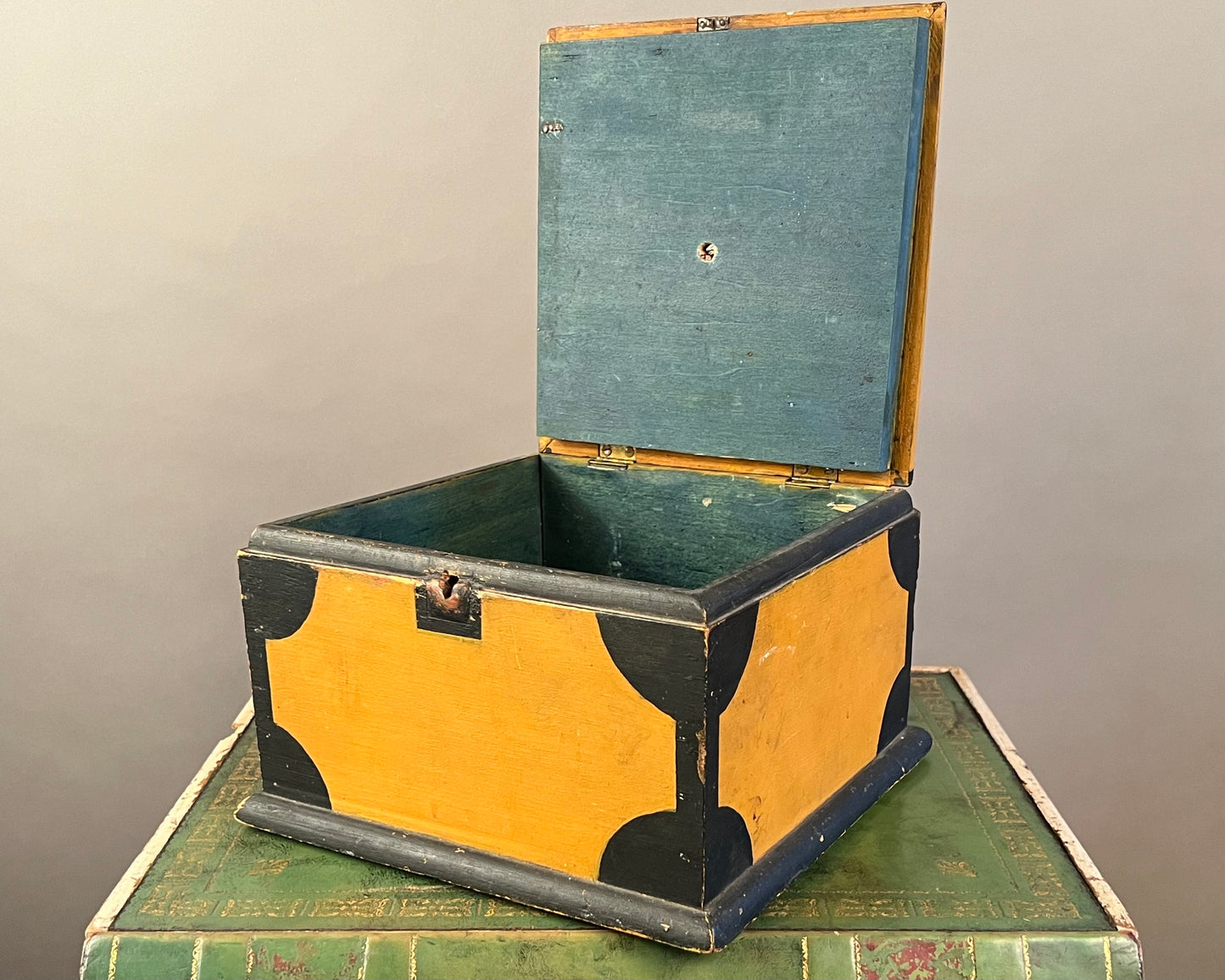 Antique Yellow Paint Decorated Wooden Box d