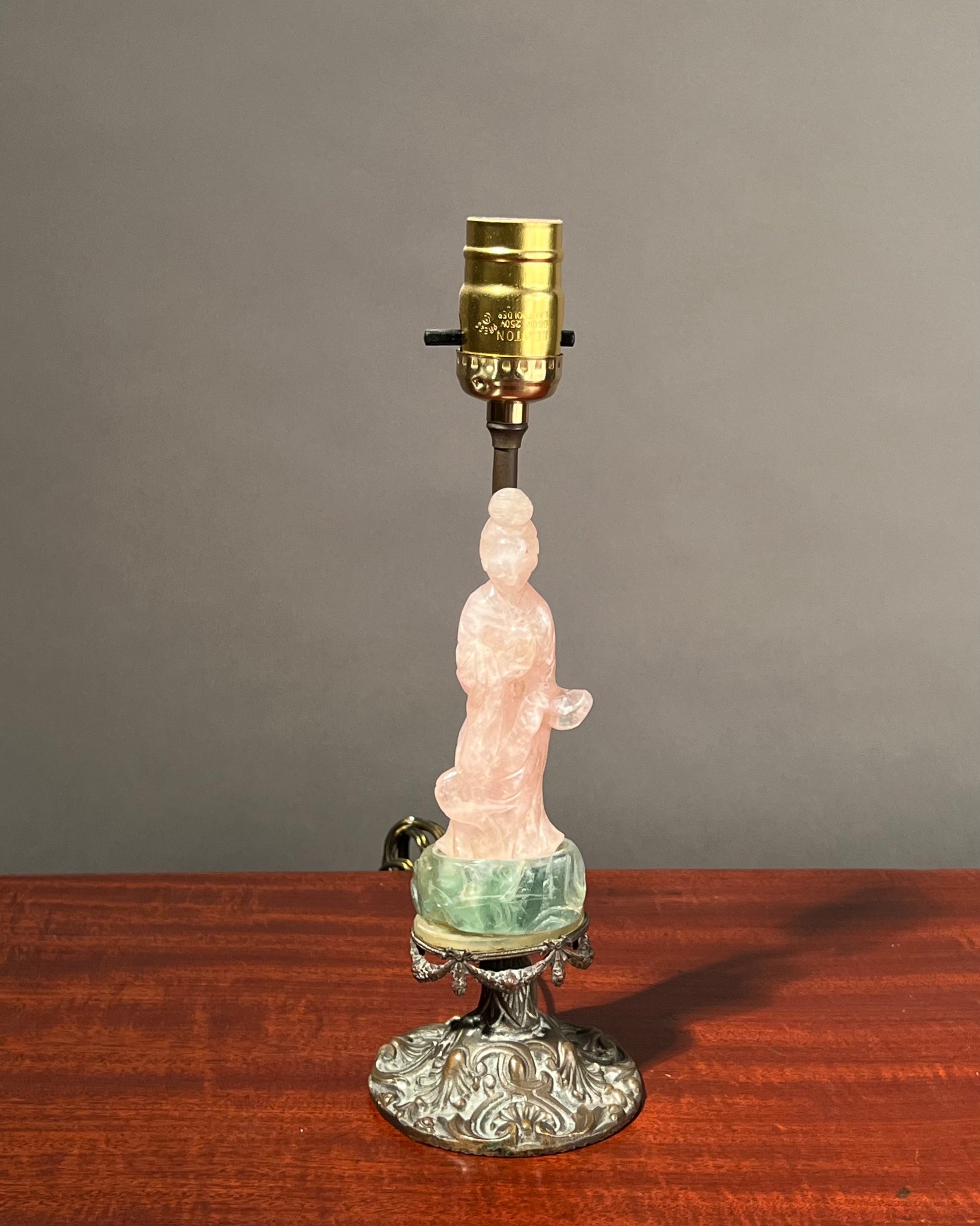 Guanyin Table Lamp, Carved Rose Quartz and Green Fluorite