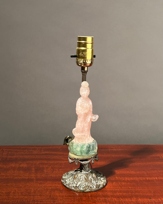 Guanyin Table Lamp, Carved Rose Quartz and Green Fluorite
