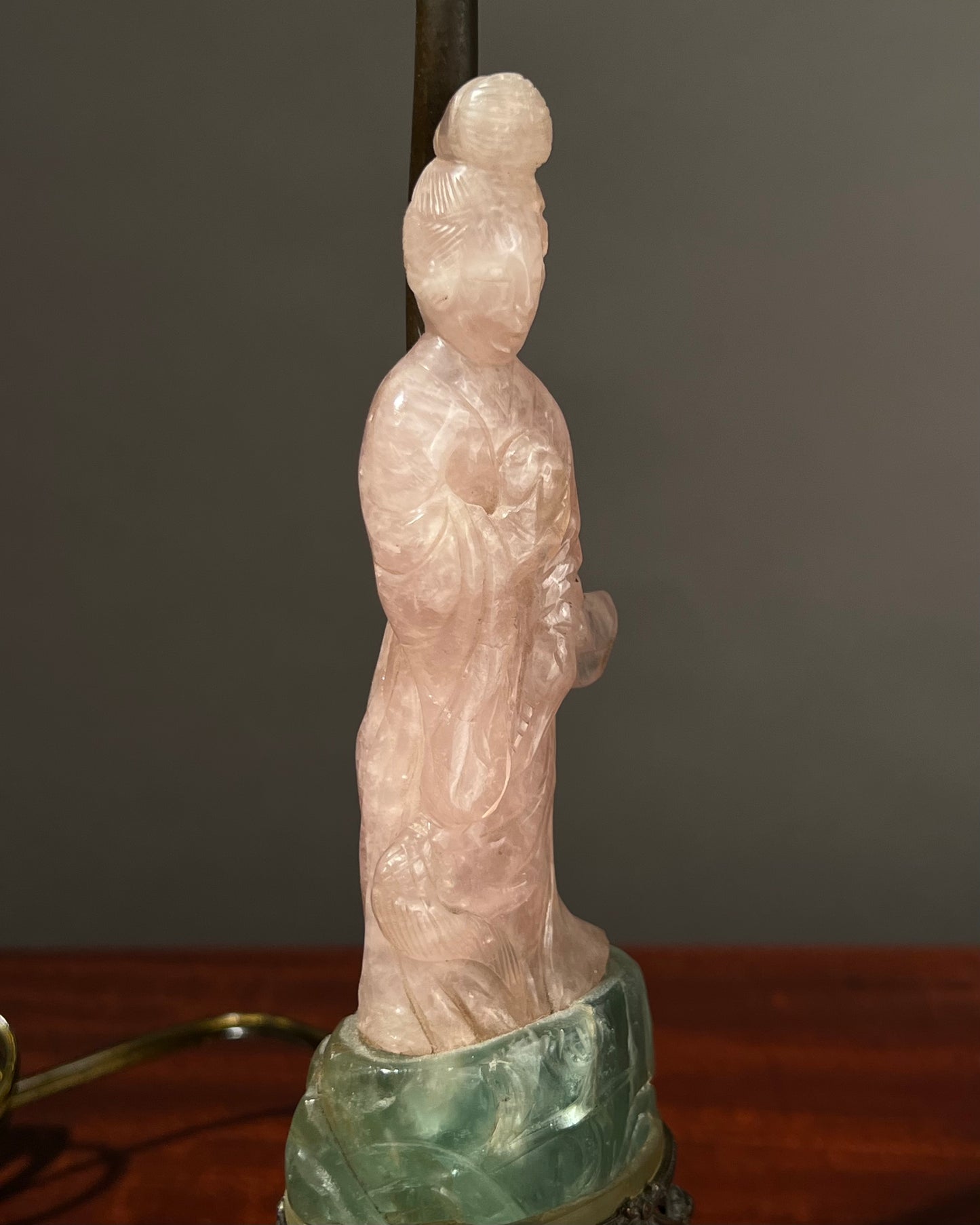 Guanyin Table Lamp, Carved Rose Quartz and Green Fluorite