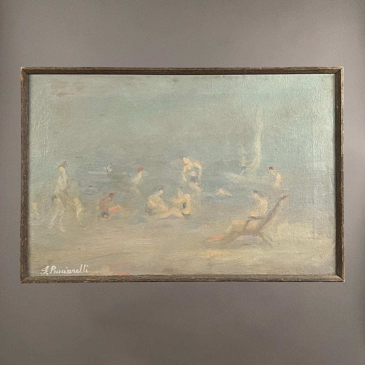 PUCCINELLI, Beach painting, oil on masonite