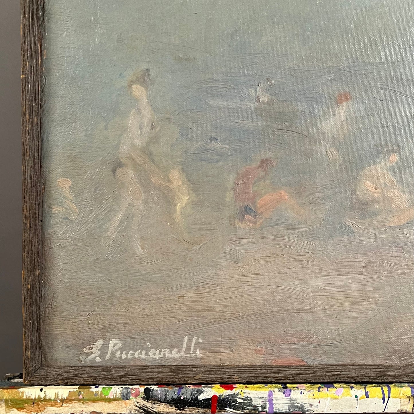 PUCCINELLI, Beach painting, oil on masonite