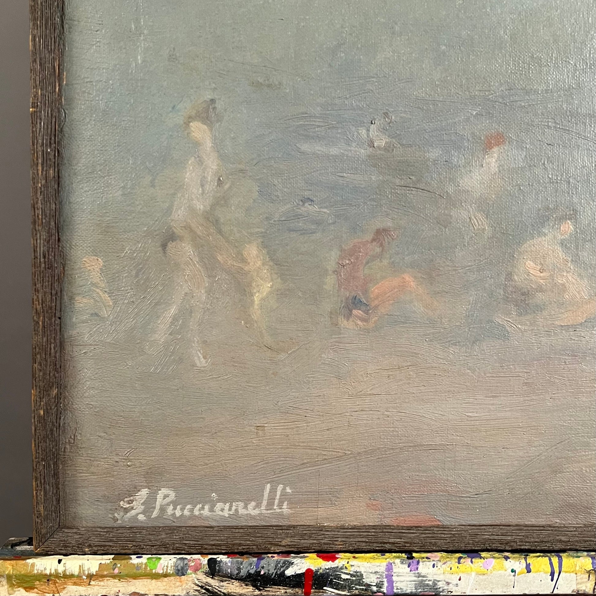 PUCCINELLI, Beach painting, oil on masonite